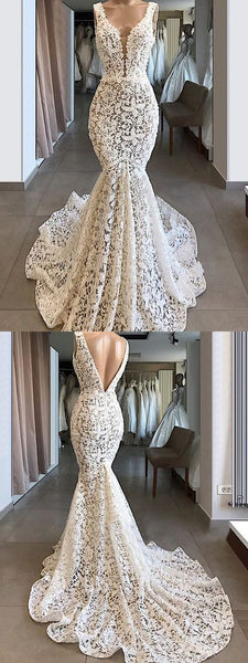 Trumpet/Mermaid V neck Ivory Lace Long Prom Dresses Evening Dresses DMR50