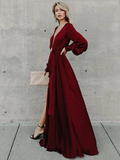 A-line Burgundy Long Prom Dresses Long Sleeve Simple Cheap Evening Dress DMR56