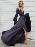 A-line Burgundy Long Prom Dresses Long Sleeve Simple Cheap Evening Dress DMR56