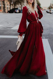 A-line Burgundy Long Prom Dresses Long Sleeve Simple Cheap Evening Dress DMR56