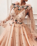 A line Long Sleeves Prom Dresses 3D Flowers Prom Dress Formal Evening Dress DMR44