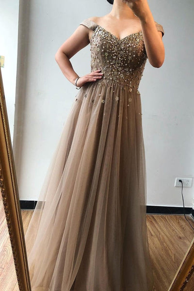 A-line Off-the-shoulder Beaded Long Prom Dresses Brown Evening Gowns DMS72