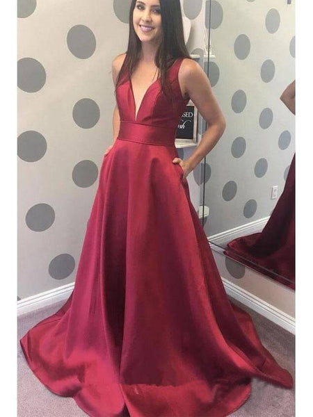 Simple A-line V-neck Satin Long Cheap Red Prom Dresses with Pocket DMN85