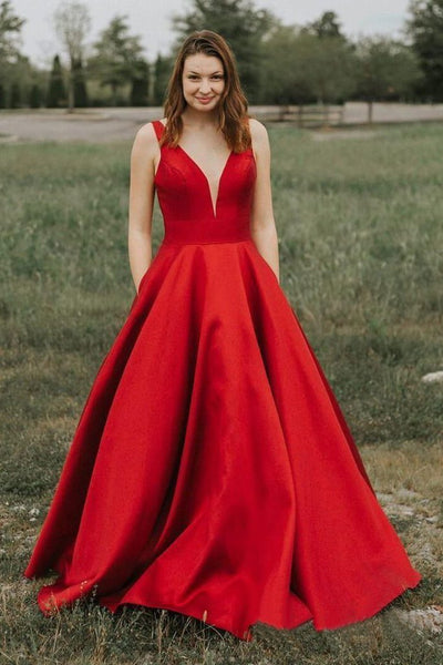 Simple A-line V-neck Satin Long Cheap Red Prom Dresses with Pocket DMN85