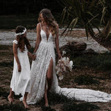 Boho Deep V Neck A Line Lace Wedding Dresses With Slit, Spaghetti Straps Bridal Gowns DMW13