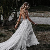 Boho Deep V Neck A Line Lace Wedding Dresses With Slit, Spaghetti Straps Bridal Gowns DMW13