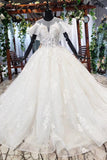 Elegant Ball Gown Big Wedding Dresses, Appliques Bridal Dress with Short Sleeves DMN73