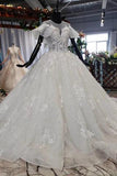 Elegant Ball Gown Big Wedding Dresses, Appliques Bridal Dress with Short Sleeves DMN73