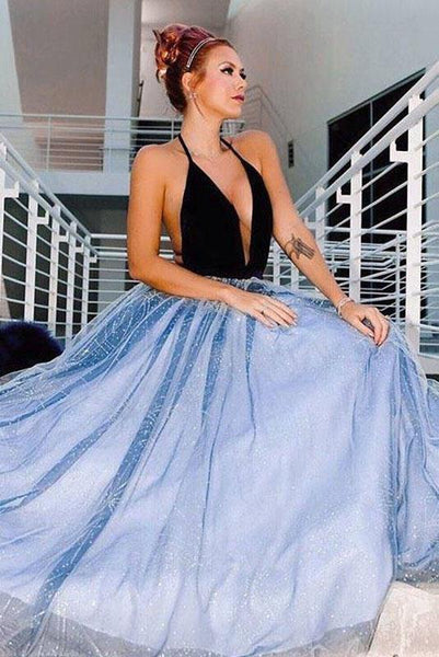 A Line Deep V-Neck Floor Length Sky Blue Prom Dress With Sequined DMQ58