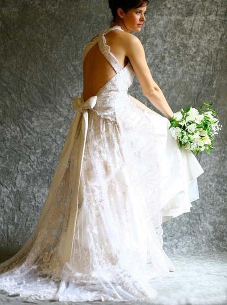 Elegant Deep V Neck  Ivory Lace Wedding Gowns Cheap Bridal Dresses DMP92