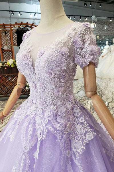 Lilac Ball Gown Short Sleeves Prom Dresses with Lace, Quinceanera Dress DML41