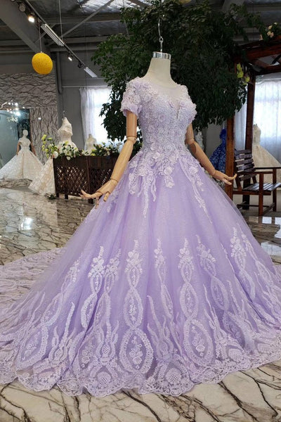 Lilac Ball Gown Short Sleeves Prom Dresses with Lace, Quinceanera Dress DML41