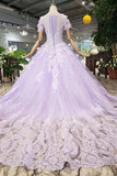 Lilac Ball Gown Short Sleeves Prom Dresses with Lace, Quinceanera Dress DML41