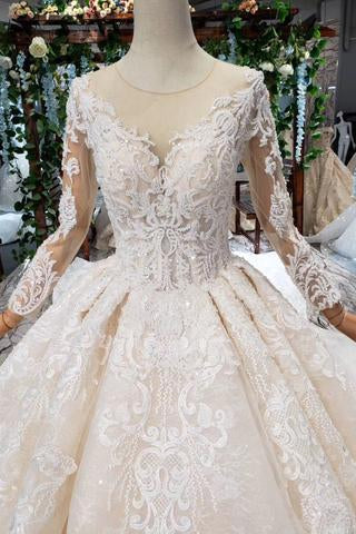 Princess Long Sleeves Ball Gown Lace Wedding Dresses, Long Bridal Dress DMN43