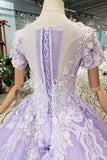 Lilac Ball Gown Short Sleeves Prom Dresses with Lace, Quinceanera Dress DML41