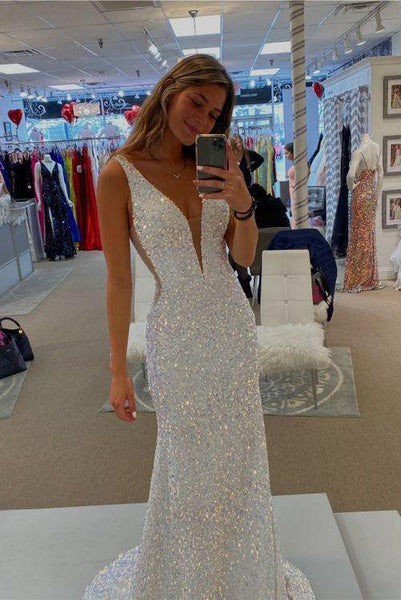 Sequins Mermaid Memraid Sexy Prom Dresses Deep V Neck Evening Dress DM1008