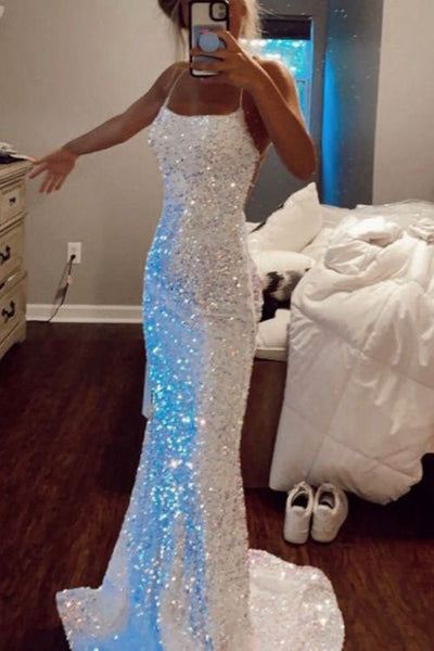 Glitter Mermaid Sparkly Sheath Prom Dresses Sequin Long Backless Evening Gown DMP100