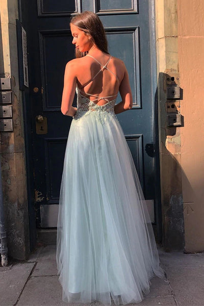 Charming A Line Tulle Light Blue Long Prom Dresses with Lace Appliques DMP200