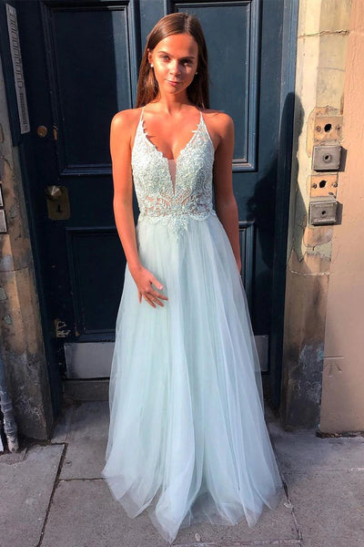 Charming A Line Tulle Light Blue Long Prom Dresses with Lace Appliques DMP200