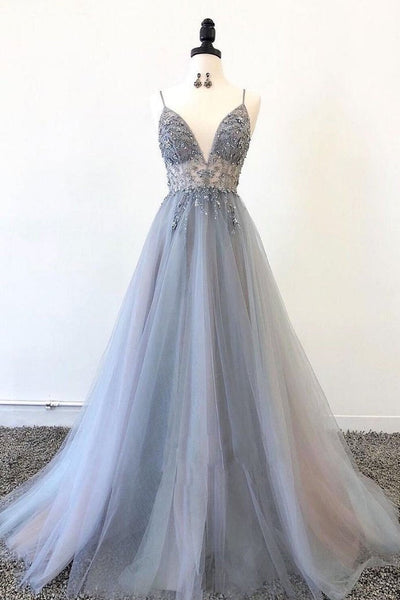 Gray Spaghetti Straps Beaded Tulle A Line Prom Dresses Evening Party Dress DMS52