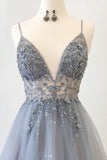 Gray Spaghetti Straps Beaded Tulle A Line Prom Dresses Evening Party Dress DMS52