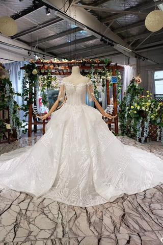 Ball Gown Half Sleeves Lace Bridal Dress with Sequins, Princess Long Wedding Dress DMN72