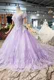 Lilac Ball Gown Short Sleeves Prom Dresses with Lace, Quinceanera Dress DML41