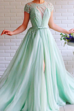 A-line Mint Green Long Cheap Prom Dresses Beading Tulle Evening Dress DMS99