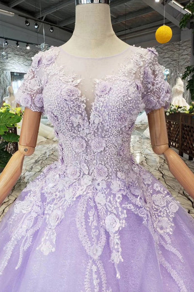 Lilac Ball Gown Short Sleeves Prom Dresses with Lace, Quinceanera Dress DML41