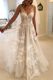 Elegant A-line V-neck Tulle Floor Length Wedding Dresses With Lace Appliques DMC94