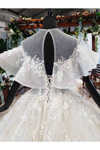 Elegant Ball Gown Big Wedding Dresses, Appliques Bridal Dress with Short Sleeves DMN73