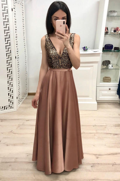 Sexy A Line Long V Neck Prom Dresses With Beads DMK57