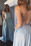 A-Line Criss Cross Straps Back Sweep Train Sky Blue Long Prom Dress DMQ59