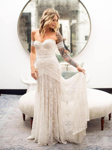 Ivory Lace Sheath Sweetheart Neck Boho Beach Wedding Dresses DMF80