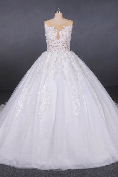 White Appliques Tulle Ball Gown Princess Wedding Dress, Bridal Gown DMQ31