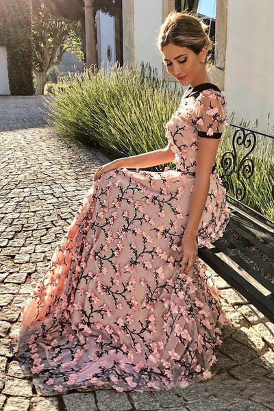 Floral Long Short Sleeves Cheap Prom Dresses with Appliques DMN12