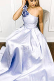 A-line One Shoulder Satin Long Prom Dress With Flowers Evening Dresses DMR60