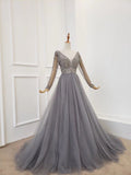 A Line Long Sleeves V Neck Grey Beading Prom Dresses DMS91