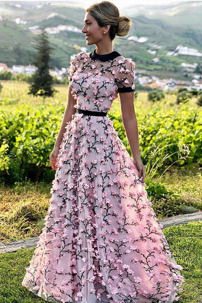 Floral Long Short Sleeves Cheap Prom Dresses with Appliques DMN12