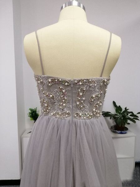 Silver Spaghetti Straps Beaded Bodice Tulle A Line Prom Dresses DMS82