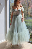 Unique Off the Shoulder Tulle A Line Long Prom Dresses, Evening Party Dresses DMP197