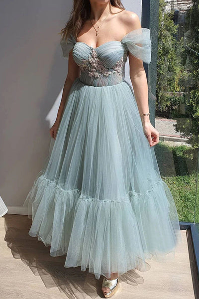 Unique Off the Shoulder Tulle A Line Long Prom Dresses, Evening Party Dresses DMP197