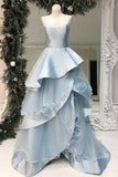 Strapless Light Blue A Line Satin Long Prom Dresses Multi-Layered With Ruffles DMP248