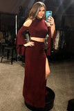 Two Piece Mermaid Cold Shoulder Long Sleeves Burgundy Prom Dress With Split DMQ54