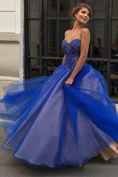 Strapless Royal Blue Prom Dresses Sweetheart Ball Gowns DMO97