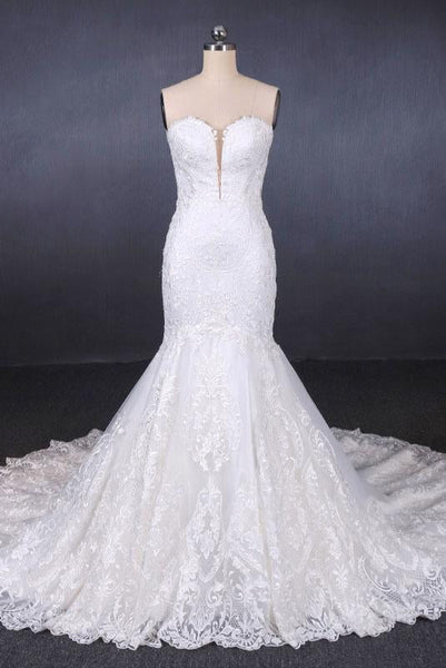 Mermaid Sweetheart Lace Appliques Long Cheap Wedding Dresses DMQ10