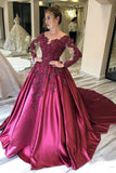 Long Sleeves Lace Appliques Burgundy Court Train Ball Gown Prom Dresses DMS8