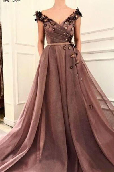 A Line V Neck Cap SleevesBrown Long Flowers Prom Dresses With Pockets DMR10