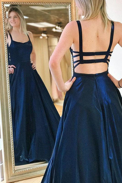 A Line Spaghetti Straps Sweep Train Drak Navy Prom Dress With Pocktes DMQ56