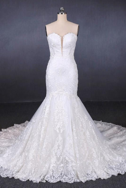 Sweetheart Mermaid Lace Appliques Button Back Long Wedding Dress DMQ29